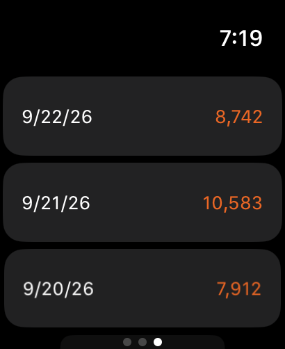 StepCard watch app: seven-day step history