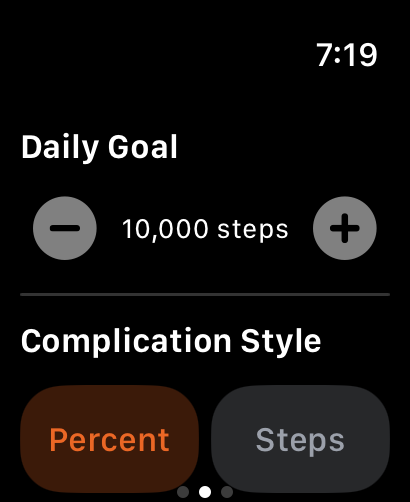 StepCard watch app: daily goal and complication style settings