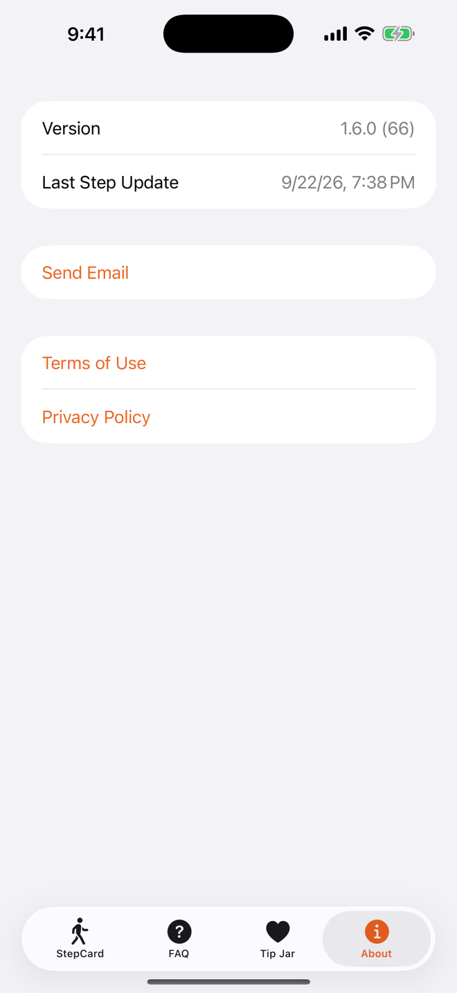 StepCard iPhone app: about screen