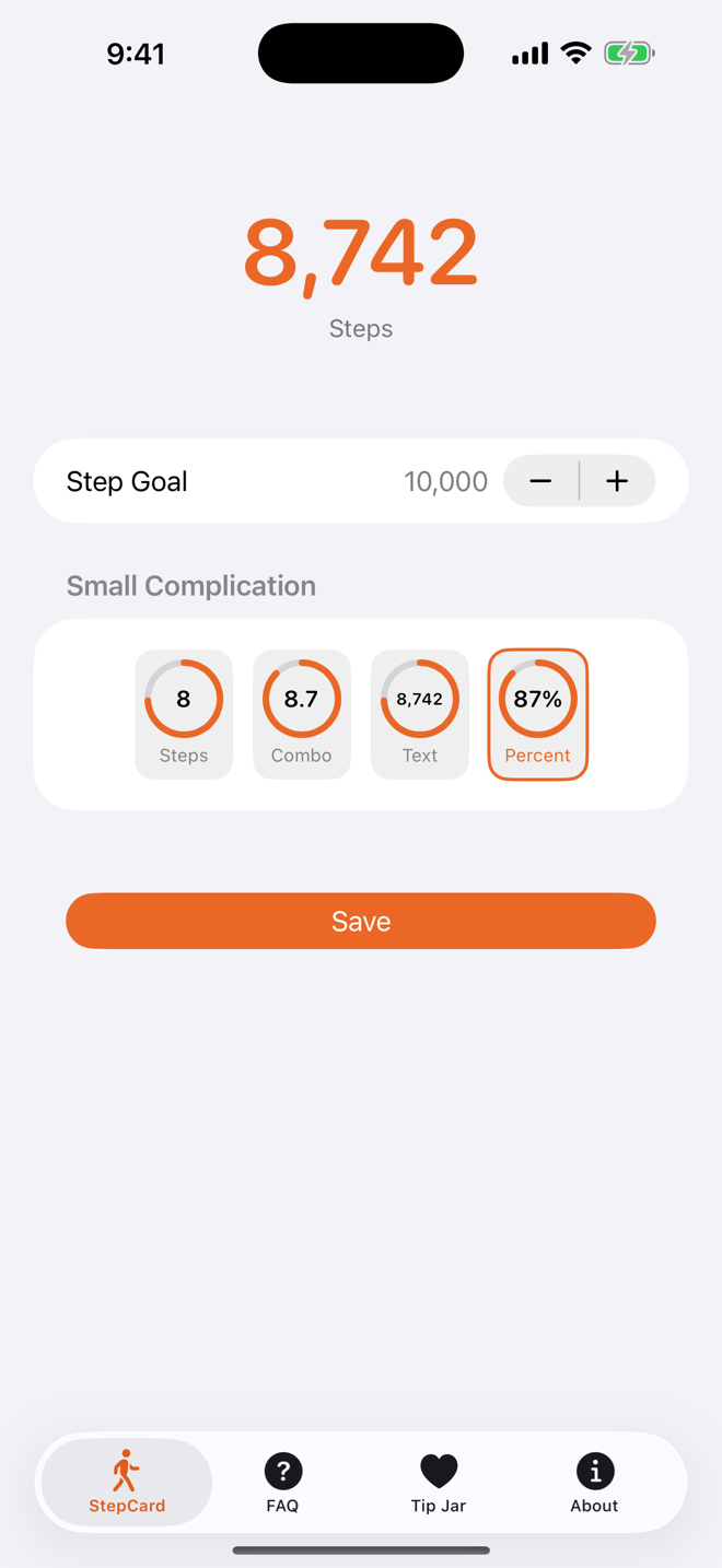 StepCard iPhone app: step count, goal stepper and complication style picker
